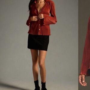 Red Button-Up Blouse and Black Skirt Set